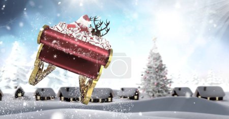 Photo for Santa flying in sleigh with reindeer over Winter town - Royalty Free Image