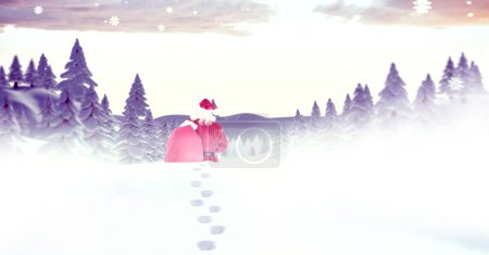 Photo for Santa walking in Winter landscape and footsteps in snow - Royalty Free Image