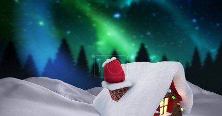Téléchargez les photos : Santa présente sur cheminée en hiver paysage de neige - en image libre de droit