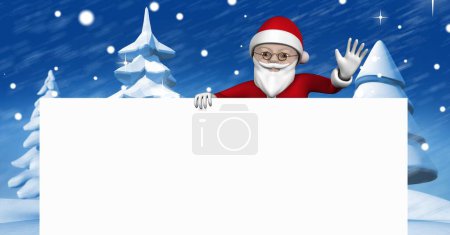 Foto de Santa Claus sosteniendo un cartel en blanco en la nieve - Imagen libre de derechos
