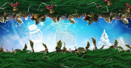 Foto de Corona de Navidad con campanas y cielo azul - Imagen libre de derechos