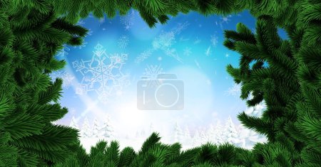 Foto de Cielo y copos de nieve con borde de árbol de Navidad - Imagen libre de derechos