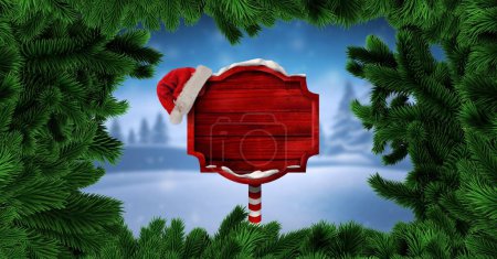 Foto de Cartel de madera con borde de árbol de Navidad en invierno - Imagen libre de derechos