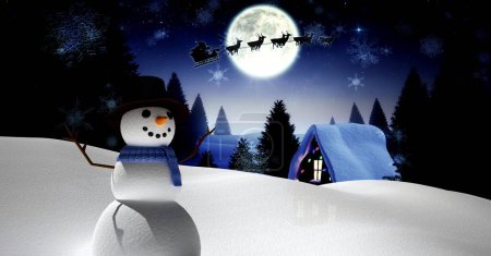 Foto de Muñeco de nieve y luna de Navidad con Santa en trineo con renos - Imagen libre de derechos
