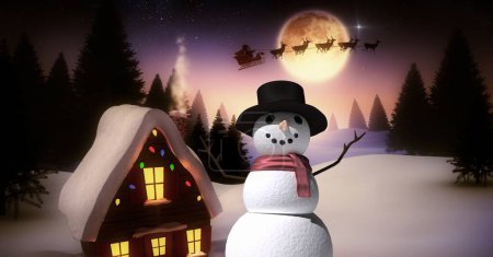 Photo for Snowman and Christmas Winter landscape with Santa in sleigh with reindeer - Royalty Free Image
