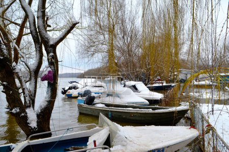 Foto de Barcos anclados por la cerca de las terrazas en el brazo de Borcea - Imagen libre de derechos