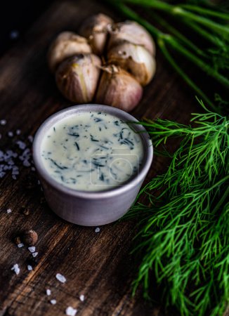 Photo for Close-up shot of fresh organic garlic sauce on tabletop for background - Royalty Free Image