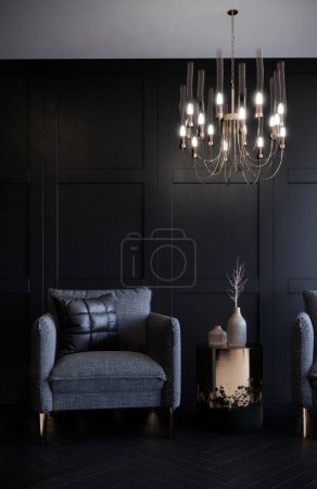 Téléchargez les photos : "intérieur d'une pièce avec mobilier, concept de café moderne, rendu 3d vertical" - en image libre de droit