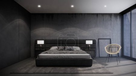 Foto de "interior de dormitorio negro con estilo moderno y loft, fondo de representación 3d" - Imagen libre de derechos