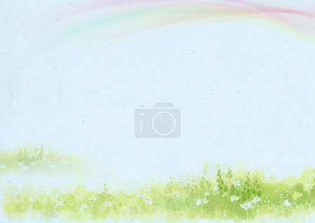 Photo for "Fairytale blank template paper background with rainbow, plants, " - Royalty Free Image