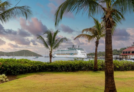 Photo for Cruise Ship Beyond Palm Trees in Bay at Dusk - Royalty Free Image