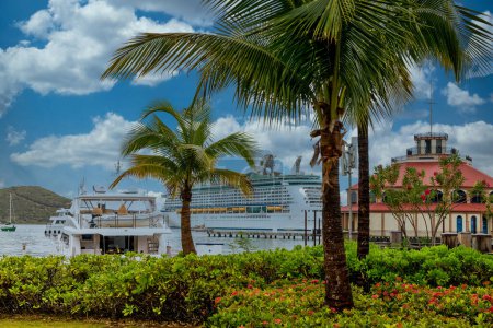 Téléchargez les photos : Bateau de croisière au-delà des palmiers à Tropical Harbor - en image libre de droit