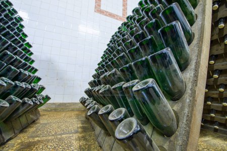 Foto de Botellas espumosas de vino en stands - Imagen libre de derechos