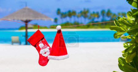 Téléchargez les photos : Chapeau de Père Noël rouge et bas de Noël entre les palmiers - en image libre de droit