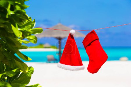 Téléchargez les photos : Chapeau de Père Noël rouge et bas de Noël suspendus sur la plage tropicale entre les palmiers - en image libre de droit