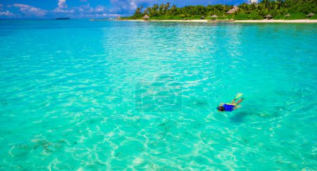 Photo for "Young man snorkeling in clear tropical turquoise waters" - Royalty Free Image