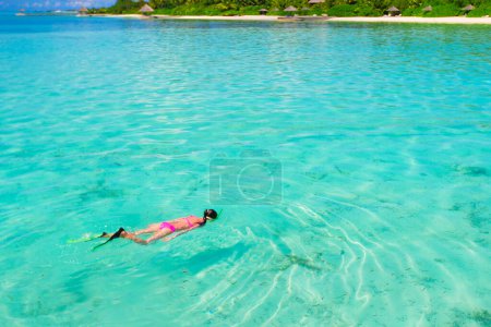 Photo for Young girl snorkeling in tropical water on vacation - Royalty Free Image