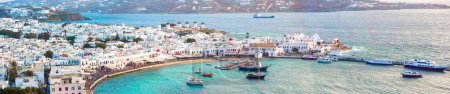 Photo for Panorama of view of traditional greek village with white houses on Mykonos Island, Greece - Royalty Free Image