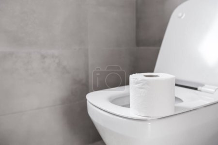 Photo for Roll of toilet paper on seat at restroom - Royalty Free Image