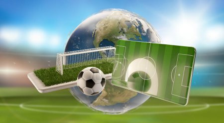 Foto de Bola de campo de fútbol teléfono móvil y meta 3d-ilustración. elemento - Imagen libre de derechos