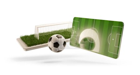 Téléchargez les photos : Téléphone portable terrain de football ballon et objectif 3d-illustration - en image libre de droit