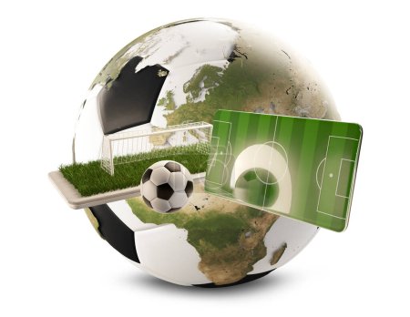 Foto de Bola de campo de fútbol teléfono móvil y meta 3d-ilustración. elemento - Imagen libre de derechos