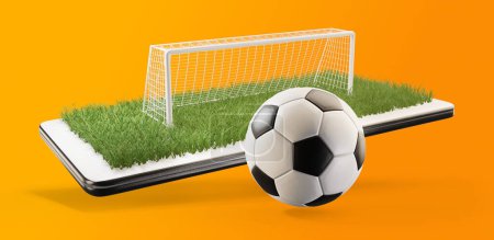 Photo for Mobile phone soccer field ball and goal 3d-illustration - Royalty Free Image