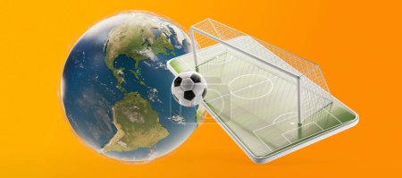 Téléchargez les photos : Téléphone portable terrain de soccer et but de soccer et ballon illustration 3D - en image libre de droit