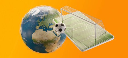 Photo for Mobile phone soccer field and soccer goal and ball 3d-illustration - Royalty Free Image