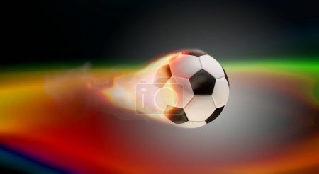Foto de Pelota de fútbol en el fuego luces creativas fondo oscuro 3d-ilustración - Imagen libre de derechos