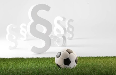 Foto de Símbolo párrafo blanco y pelota de fútbol en el campo de fútbol 3d-ilustración - Imagen libre de derechos