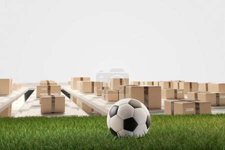 Photo for Soccer ball on soccer field with postal parcel boxes 3d-illustration - Royalty Free Image