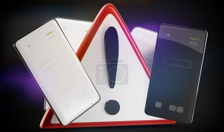 warning sign and white and dark screen mobile phone 3d-illustration