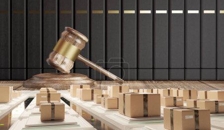 Photo for Wooden golden judge gavel and transport logistic parcel boxes 3d - Royalty Free Image