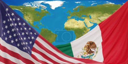 Téléchargez les photos : Drapeaux d'Amérique et du Mexique devant la carte du monde 3d-illustration - en image libre de droit
