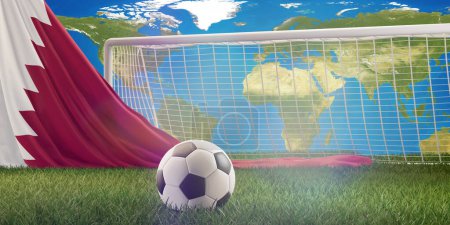 Photo for Flag of Qatar soccer ball and soccer goal 3d-illustration - Royalty Free Image