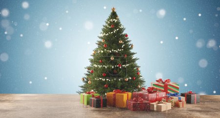 Téléchargez les photos : Sapin de Noël décoré et présente 3d-illustration - en image libre de droit