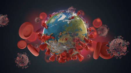 Photo for "virus cell world planet design Coronavirus and blood cells 3d - Royalty Free Image