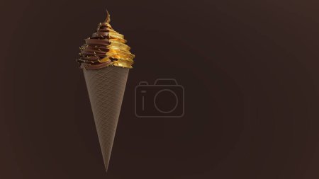Téléchargez les photos : Chocolat et crème glacée mélangée d'or dans un cône de chocolat sur fond brun - en image libre de droit