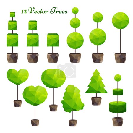 Téléchargez les photos : Jeu de 12 arbres polygonaux verts - en image libre de droit