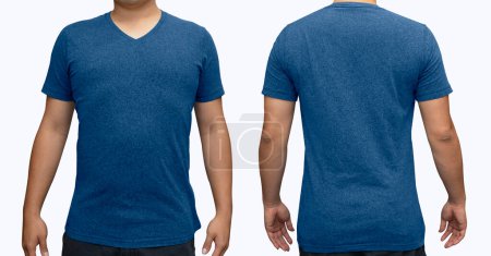 Photo for Blue blank v-neck t-shirt on human body for graphic design mock up - Royalty Free Image