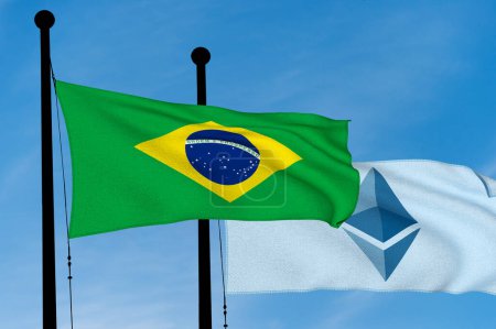 Téléchargez les photos : Brésil Drapeau et Ethereum Drapeau agitant sur le ciel bleu - en image libre de droit