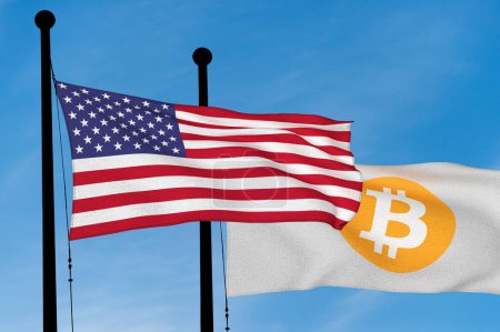 Foto de "Bandera de EE.UU. y bandera de Bitcoin ondeando sobre el cielo azul (generat digitalmente" - Imagen libre de derechos
