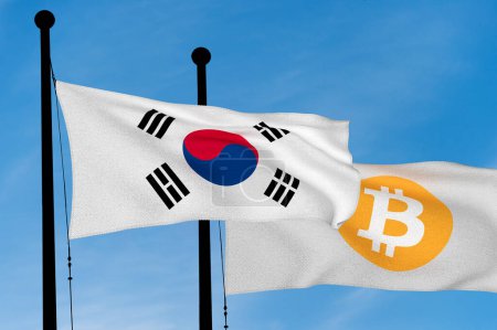 Téléchargez les photos : "Drapeau de la Corée du Sud et Bitcoin Drapeau agitant sur ciel bleu (digitall" - en image libre de droit