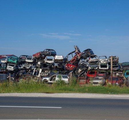 Photo for Old cars near road are waiting for recycling - Royalty Free Image