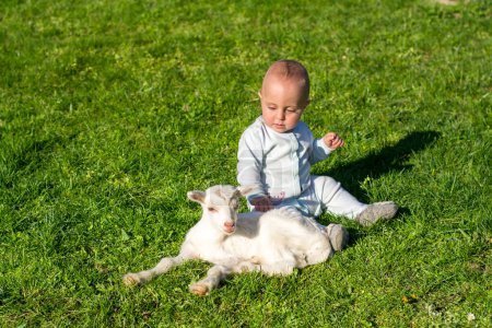 Téléchargez les photos : Bébé garçon et chèvre sur printemps jour jouer ensemble - en image libre de droit