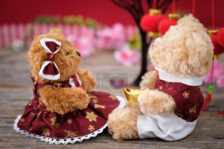 Photo for Two teddy bears sitting on table - Royalty Free Image