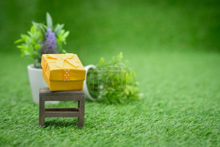 Téléchargez les photos : Boîte cadeau sur fond d'herbe verte - en image libre de droit