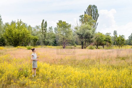 Téléchargez les photos : Femme debout dans un champ de Galium Verum - en image libre de droit
