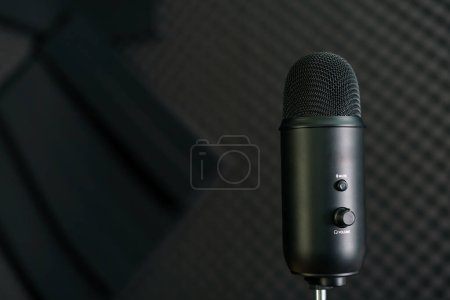 Téléchargez les photos : Gros plan du microphone à condensateur professionnel sur un fond noirUND - en image libre de droit